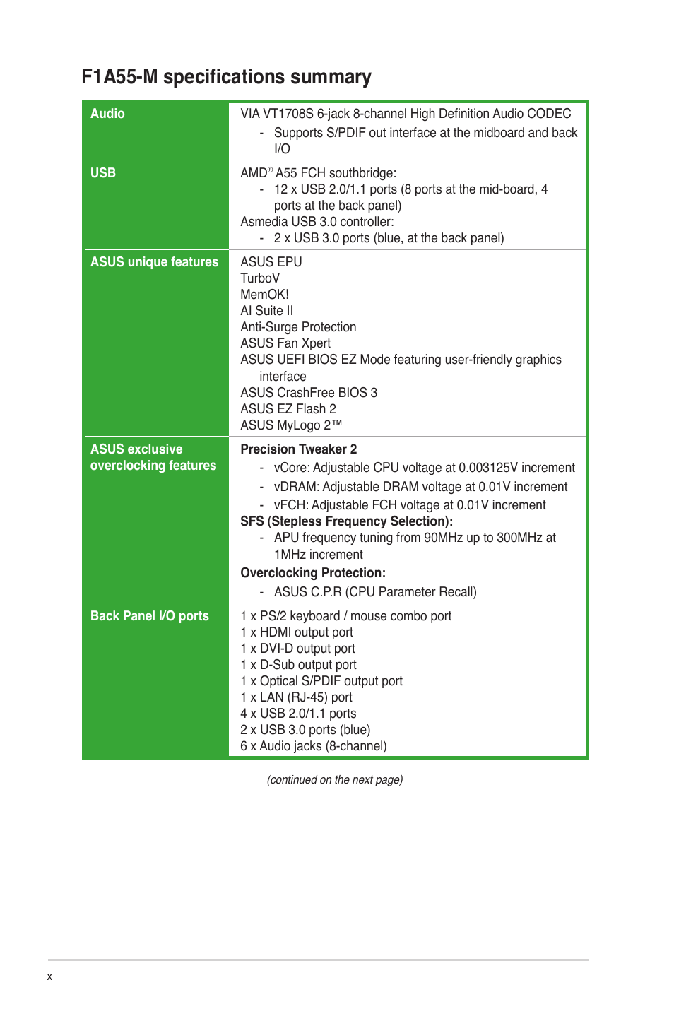 F1a55-m specifications summary | Asus F1A55-M User Manual | Page 10 / 70