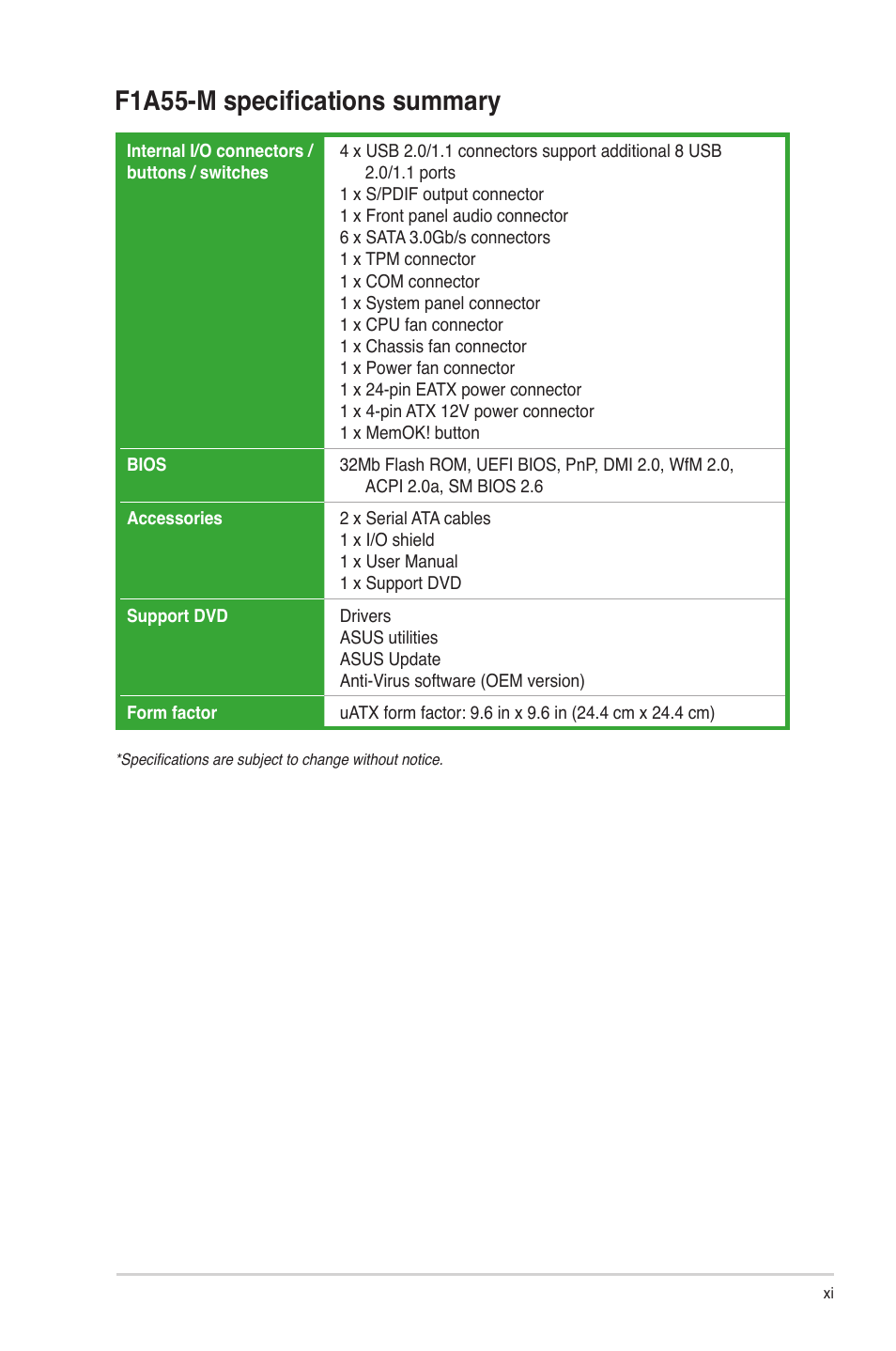 F1a55-m specifications summary | Asus F1A55-M User Manual | Page 11 / 70