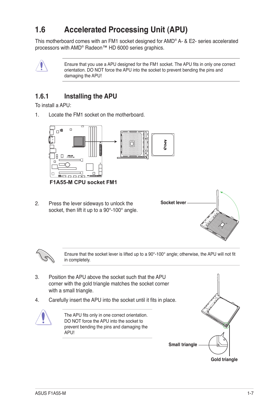 6 accelerated processing unit (apu), 1 installing the apu, Accelerated processing unit (apu) -7 1.6.1 | Installing the apu -7 | Asus F1A55-M User Manual | Page 19 / 70