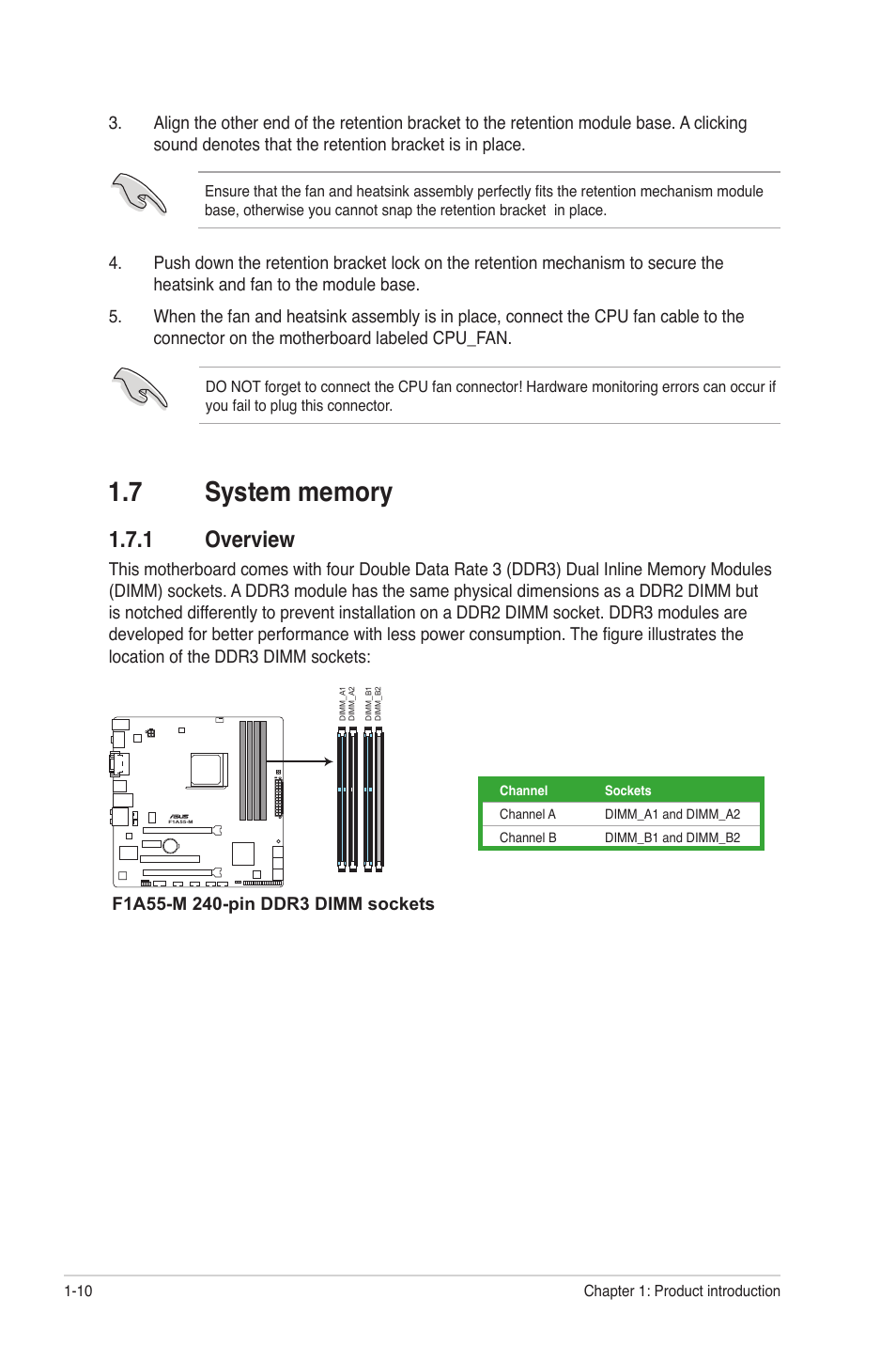 7 system memory, 1 overview, System memory -10 1.7.1 | Overview -10 | Asus F1A55-M User Manual | Page 22 / 70