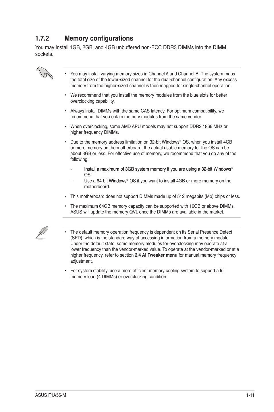 2 memory configurations, Memory configurations -11 | Asus F1A55-M User Manual | Page 23 / 70