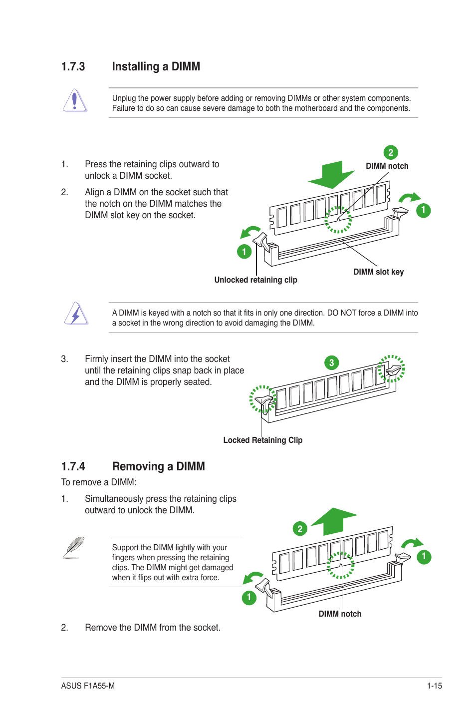 3 installing a dimm, 4 removing a dimm, Installing a dimm -15 | Removing a dimm -15 | Asus F1A55-M User Manual | Page 27 / 70