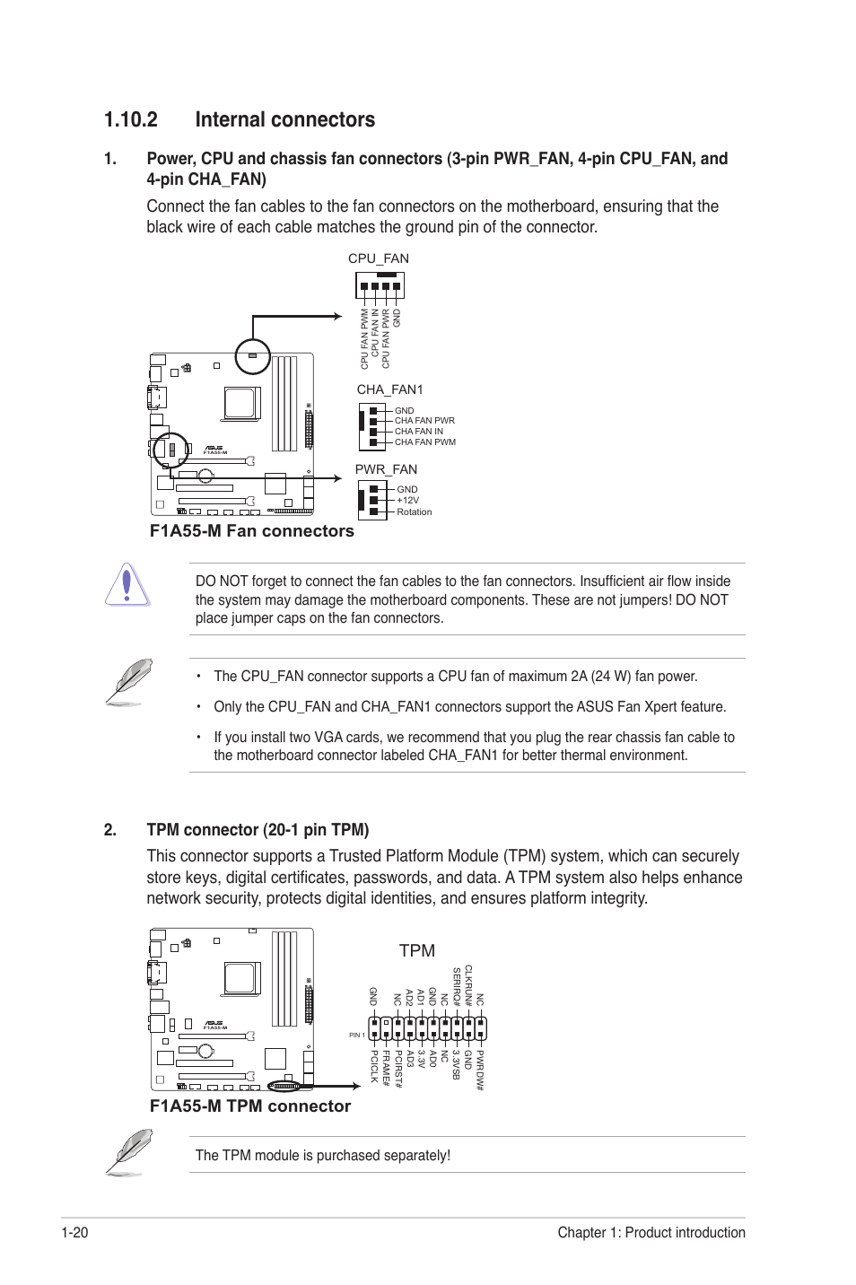 2 internal connectors, 2 internal connectors -20, F1a55-m fan connectors | F1a55-m tpm connector tpm, The tpm module is purchased separately, Chapter 1: product introduction 1-20 | Asus F1A55-M User Manual | Page 32 / 70