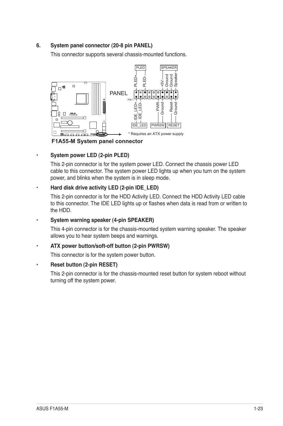 F1a55-m system panel connector, Panel | Asus F1A55-M User Manual | Page 35 / 70