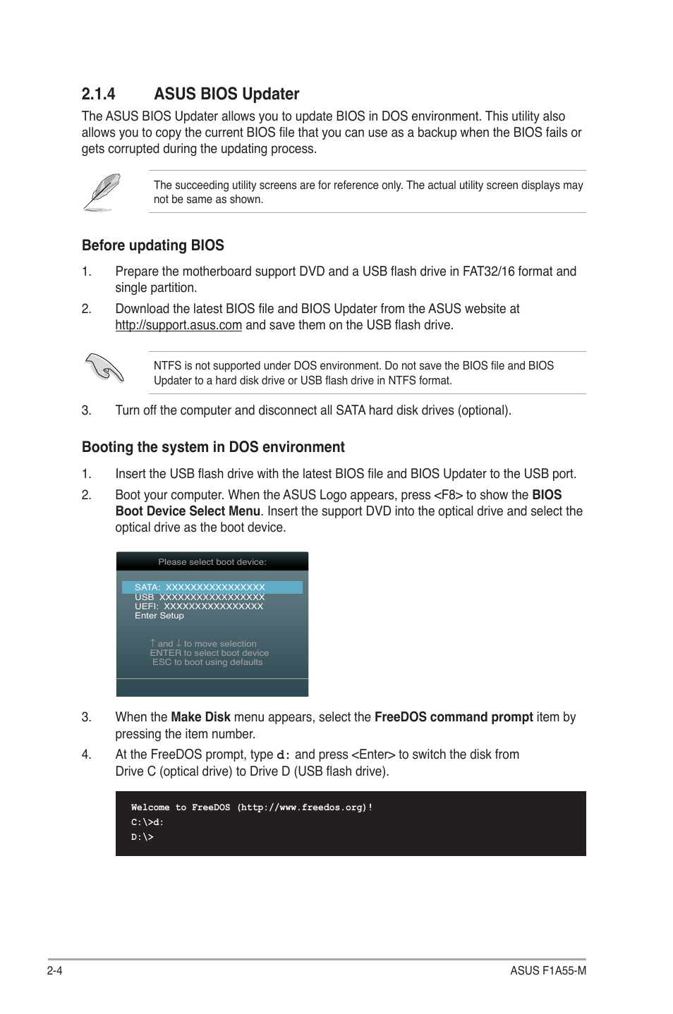 4 asus bios updater, Asus bios updater -4, Before updating bios | Booting the system in dos environment | Asus F1A55-M User Manual | Page 44 / 70