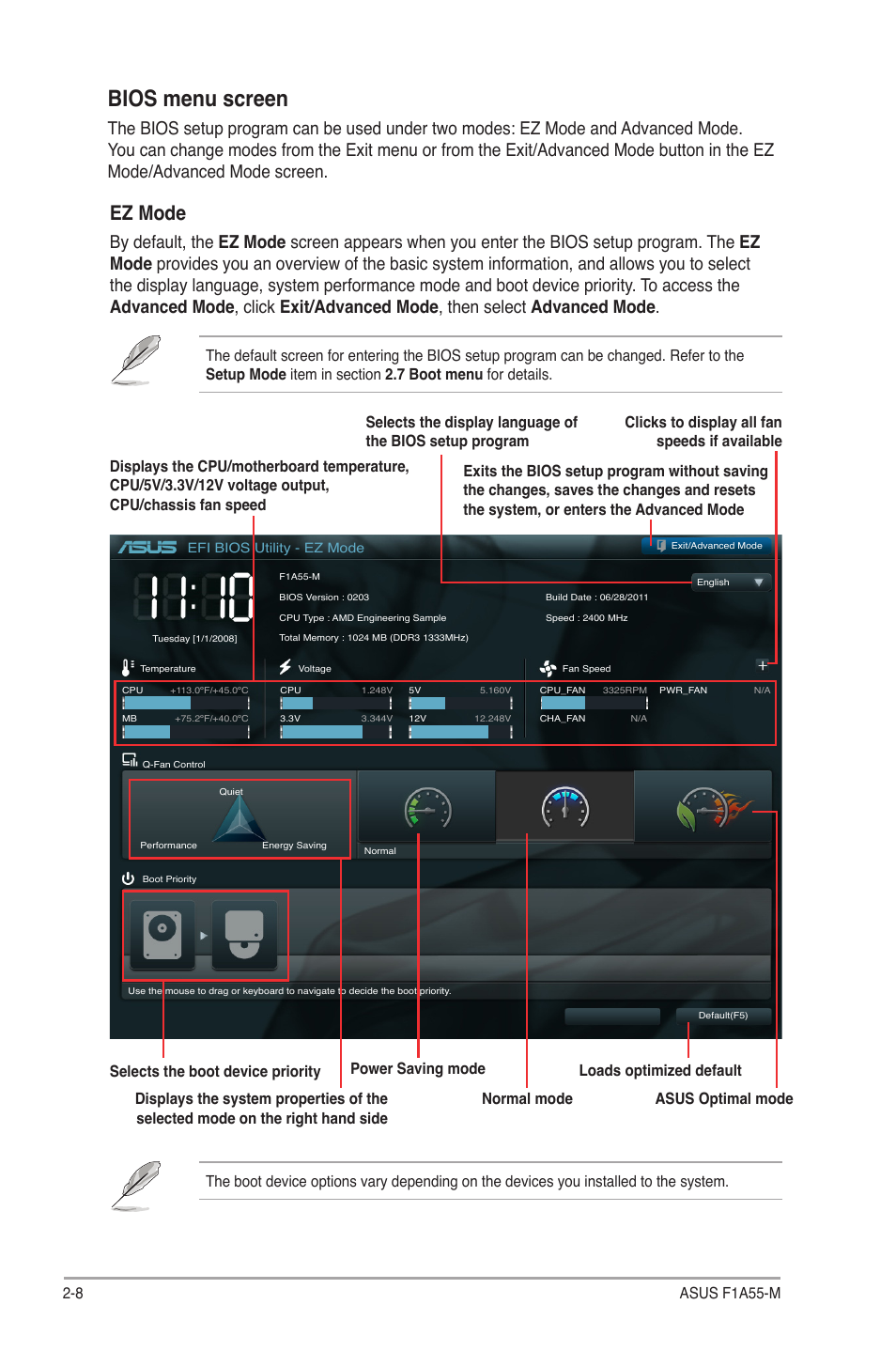 Bios menu screen, Ez mode, 8 asus f1a55-m | Asus F1A55-M User Manual | Page 48 / 70