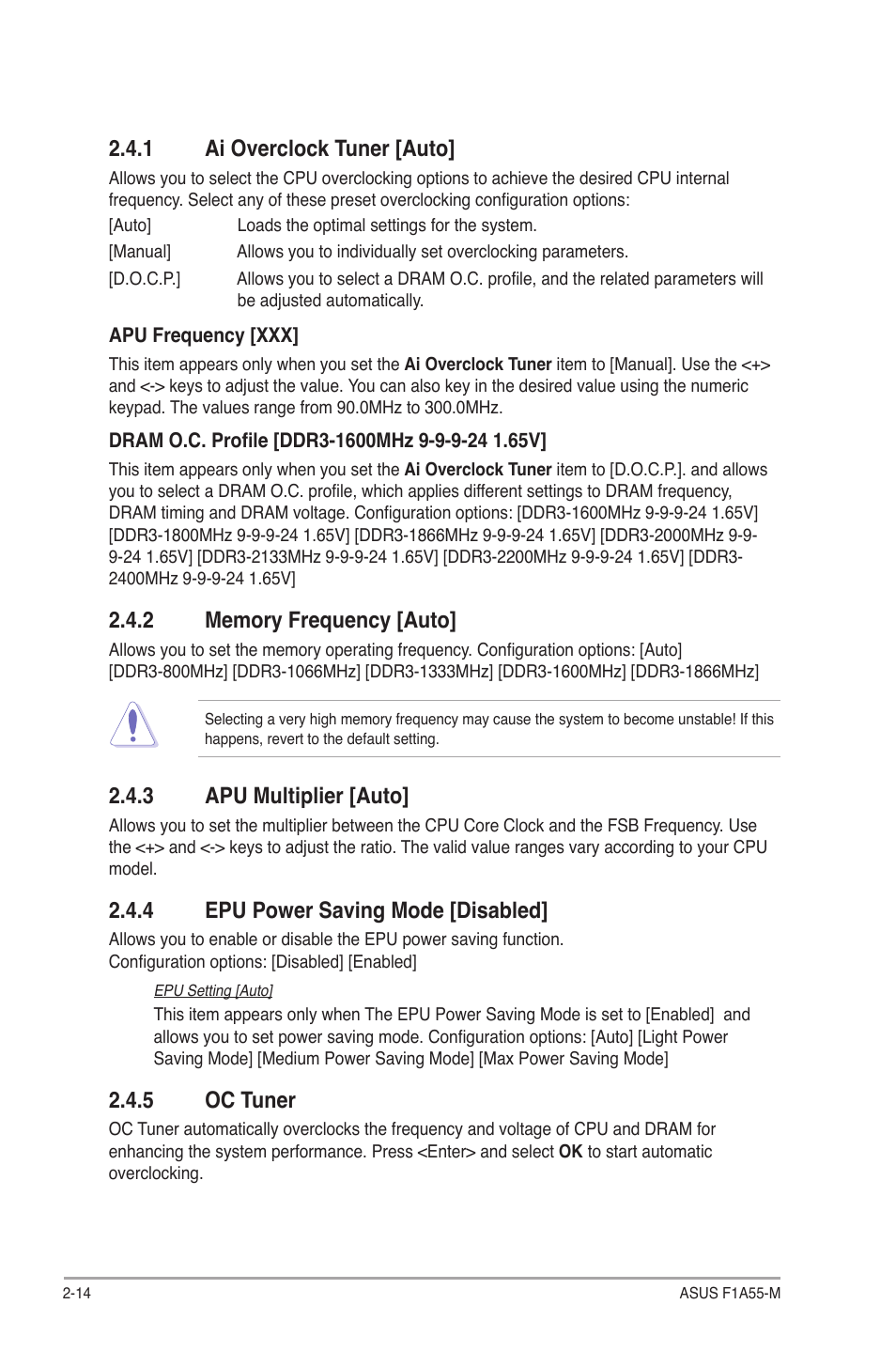 1 ai overclock tuner [auto, 2 memory frequency [auto, 3 apu multiplier [auto | 4 epu power saving mode [disabled, 5 oc tuner, Ai overclock tuner [auto] -14, Memory frequency [auto] -14, Apu multiplier [auto] -14, Epu power saving mode [disabled] -14, Oc tuner -14 | Asus F1A55-M User Manual | Page 54 / 70
