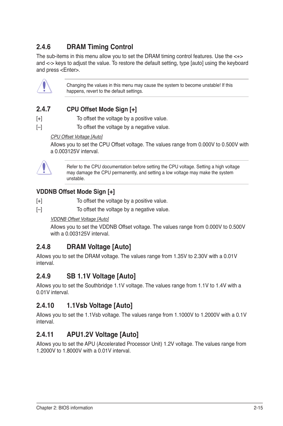 6 dram timing control, 7 cpu offset mode sign, 8 dram voltage [auto | 9 sb 1.1v voltage [auto, 10 1.1vsb voltage [auto, 11 apu1.2v voltage [auto, Dram timing control -15, Cpu offset mode sign [+] -15, Dram voltage [auto] -15, Sb 1.1v voltage [auto] -15 | Asus F1A55-M User Manual | Page 55 / 70