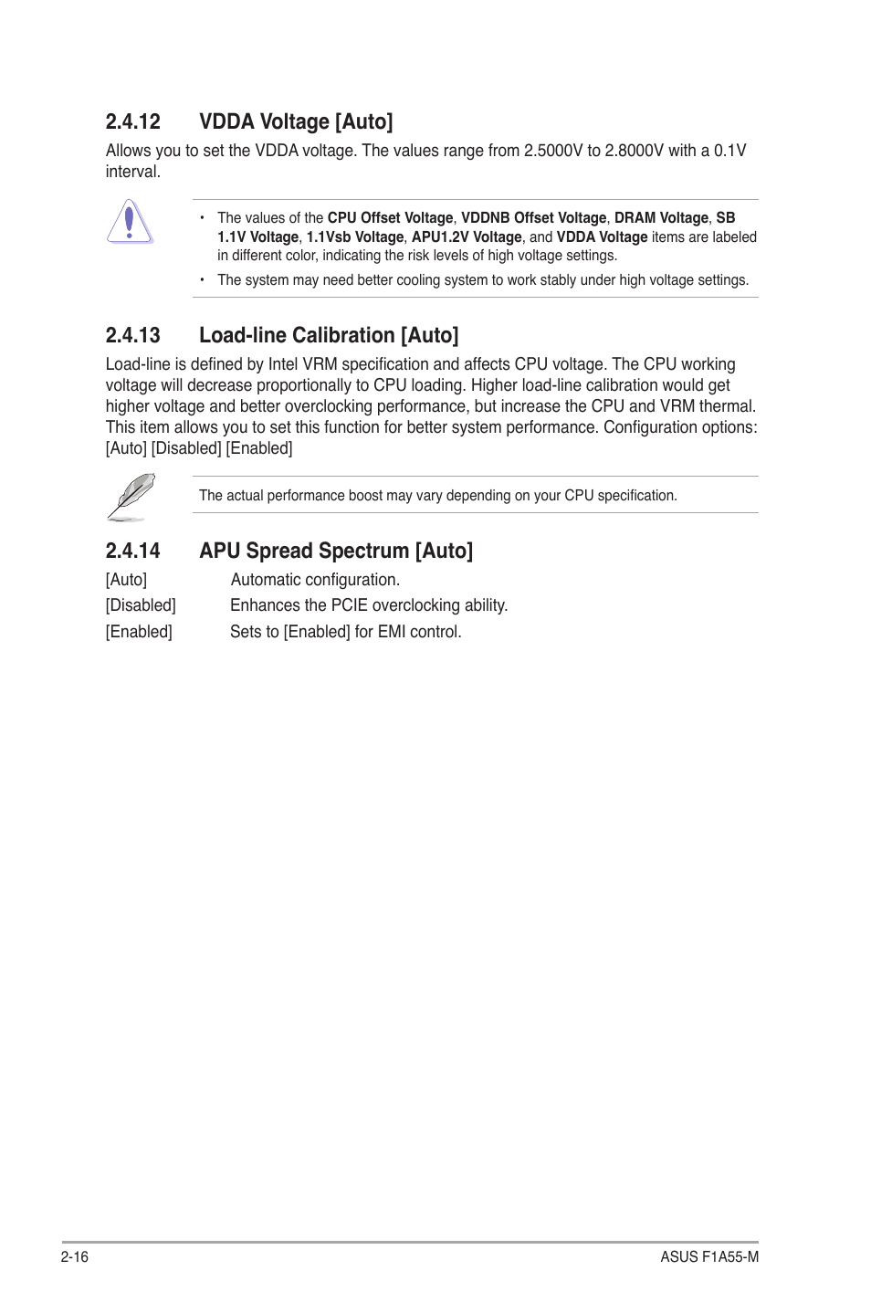 12 vdda voltage [auto, 13 load-line calibration [auto, 14 apu spread spectrum [auto | Asus F1A55-M User Manual | Page 56 / 70