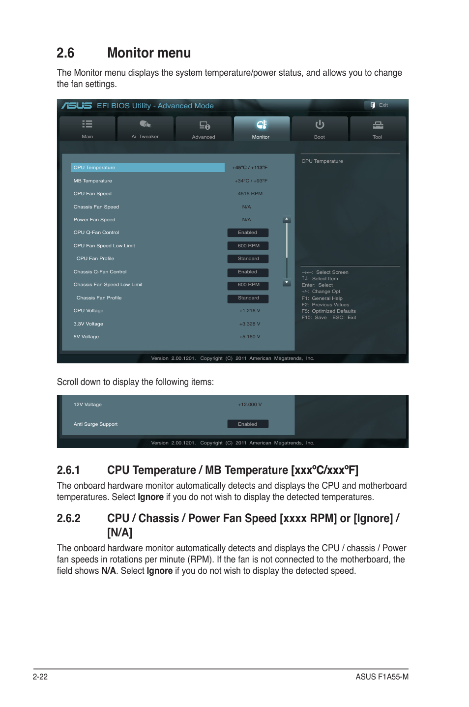 6 monitor menu, 1 cpu temperature / mb temperature [xxxºc/xxxºf, Monitor menu -22 2.6.1 | Cpu temperature / mb temperature [xxxºc/xxxºf] -22, Cpu / chassis / power, Speed -22, Scroll down to display the following items | Asus F1A55-M User Manual | Page 62 / 70