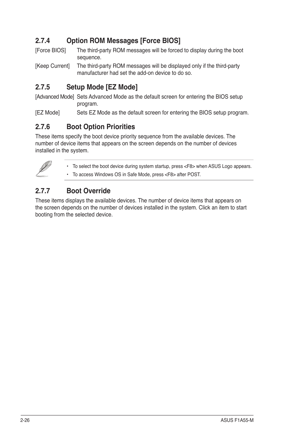 4 option rom messages [force bios, 5 setup mode [ez mode, 6 boot option priorities | 7 boot override, Option rom messages [force bios] -26, Setup mode [ez mode] -26, Boot option priorities -26, Boot override -26 | Asus F1A55-M User Manual | Page 66 / 70