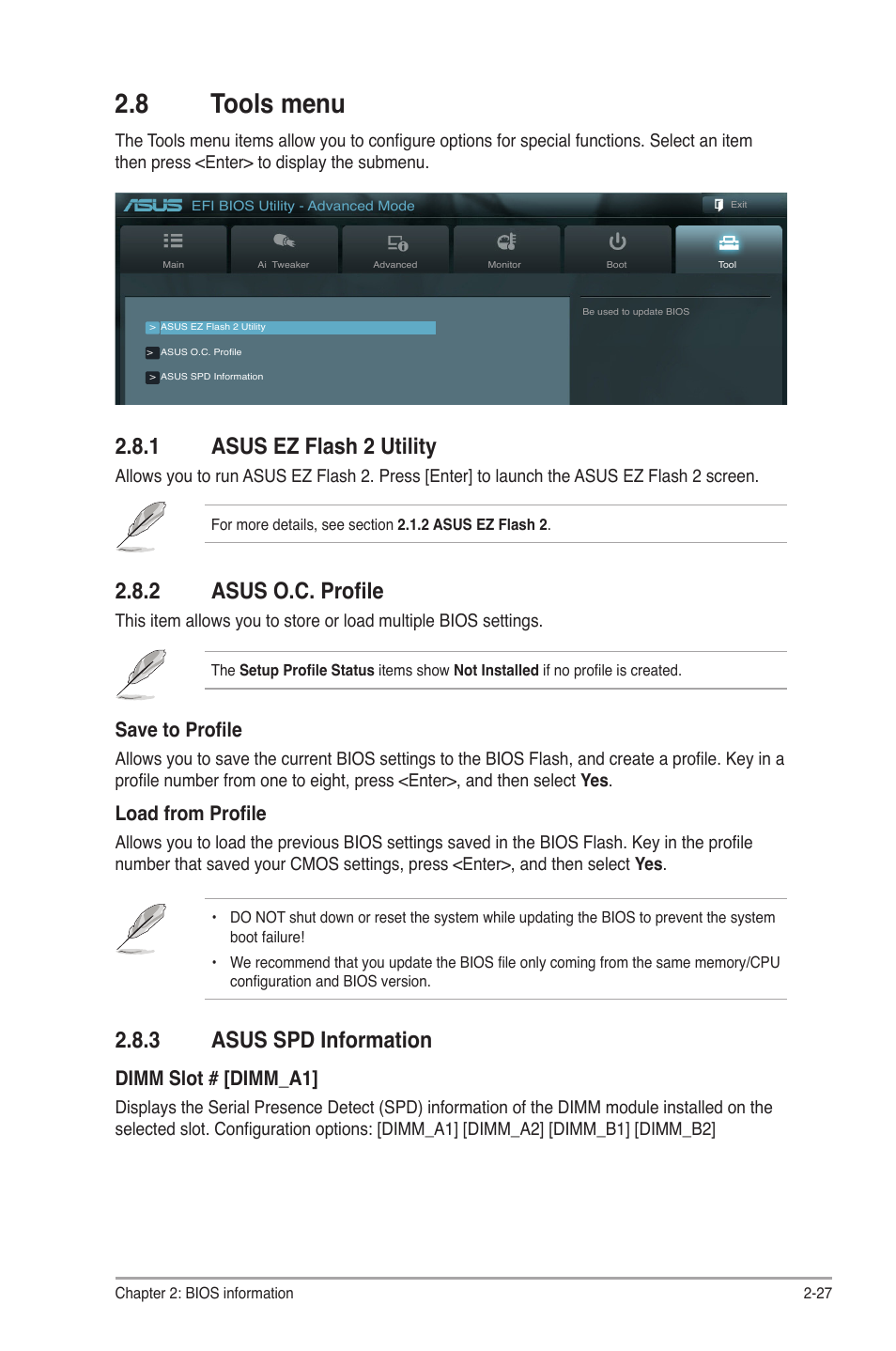 8 tools menu, 1 asus ez flash 2 utility, 2 asus o.c. profile | 3 asus spd information, Tools menu -27 2.8.1, Asus ez flash 2 utility -27, Asus o.c. profile -27, Asus spd information -27, Save to profile, Load from profile | Asus F1A55-M User Manual | Page 67 / 70