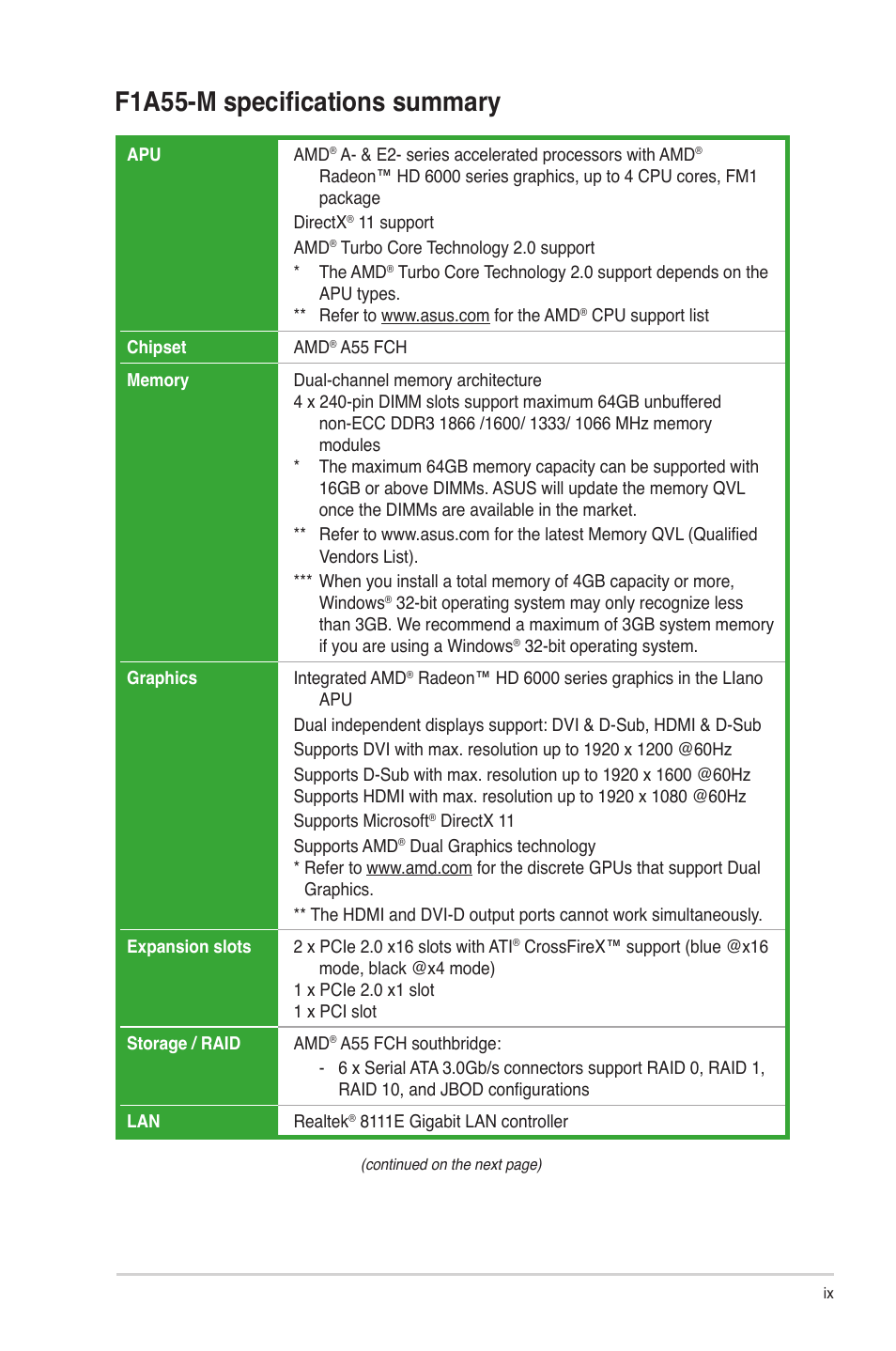 F1a55-m specifications summary | Asus F1A55-M User Manual | Page 9 / 70