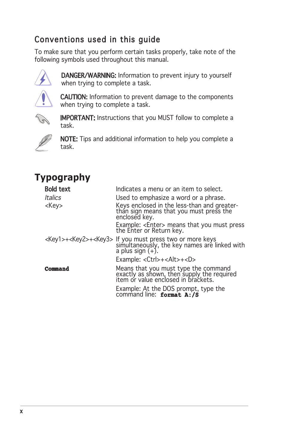 Typography, Conventions used in this guide | Asus K8N-LR User Manual | Page 10 / 120