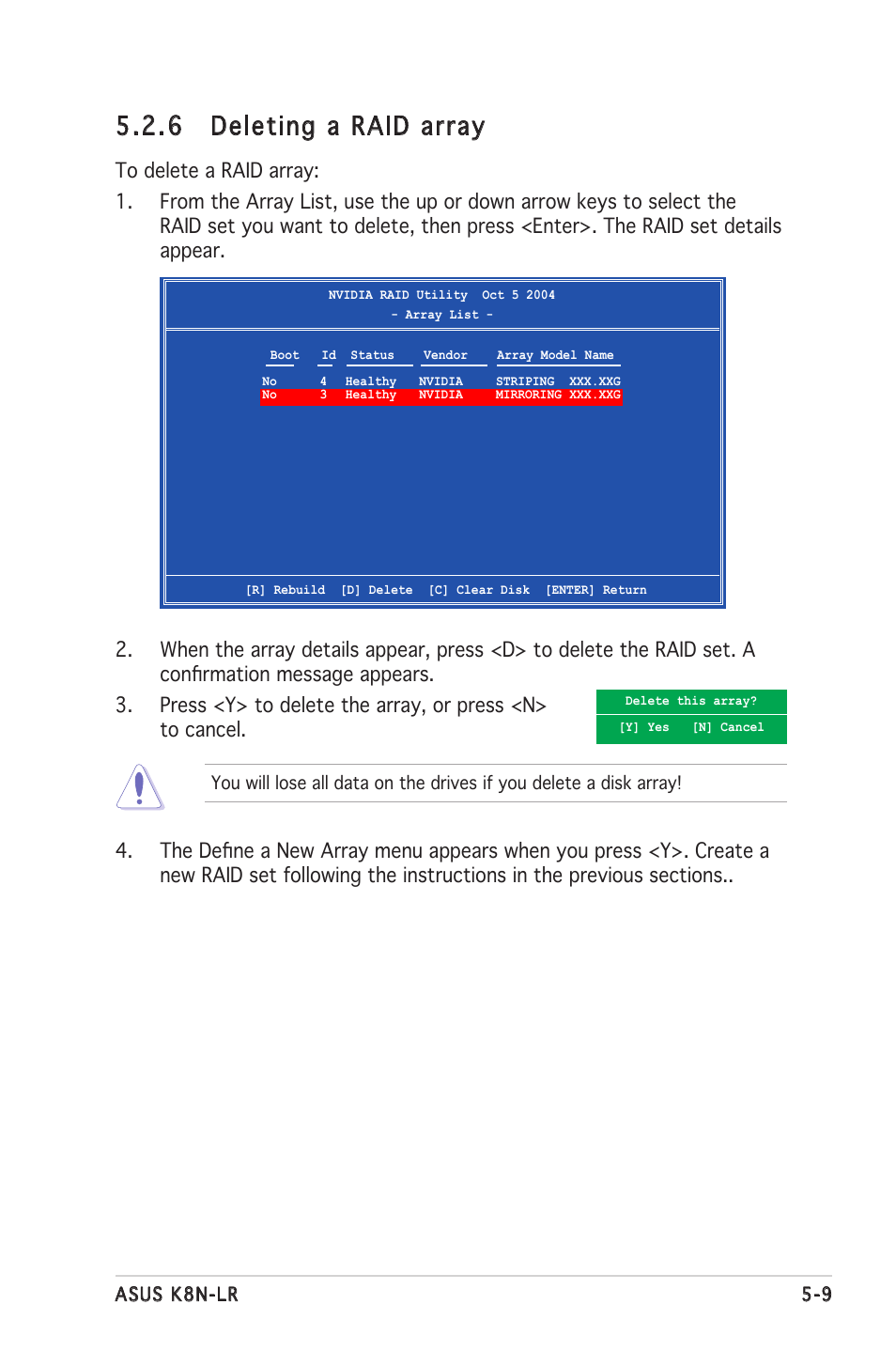 6 deleting a raid array | Asus K8N-LR User Manual | Page 105 / 120