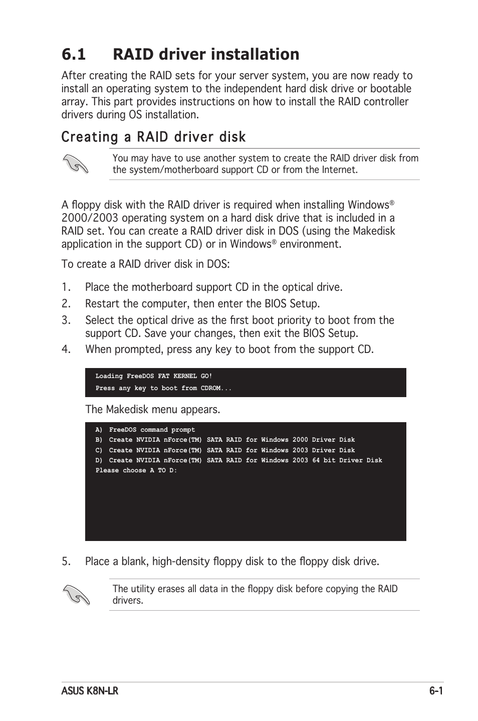 1 raid driver installation, Creating a raid driver disk | Asus K8N-LR User Manual | Page 109 / 120