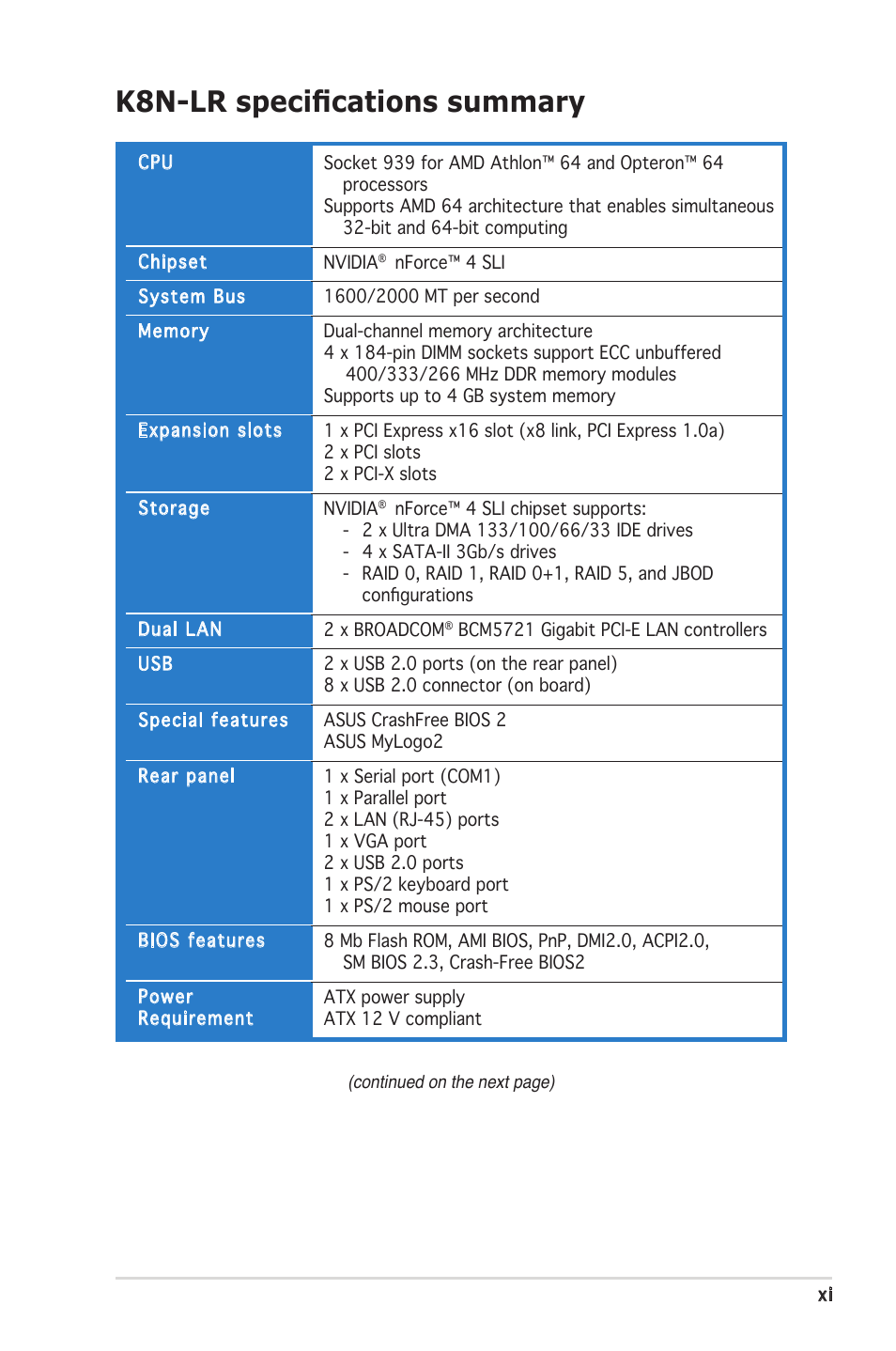 K8n-lr speciﬁcations summary | Asus K8N-LR User Manual | Page 11 / 120