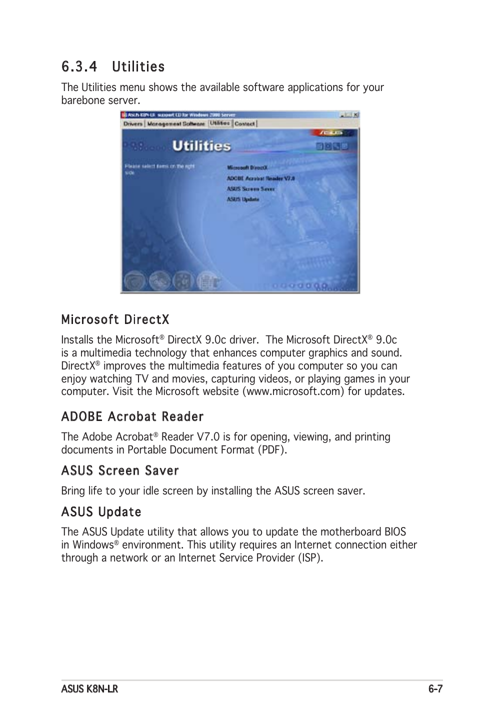 4 utilities, Microsoft directx, Adobe acrobat reader | Asus screen saver, Asus update | Asus K8N-LR User Manual | Page 115 / 120