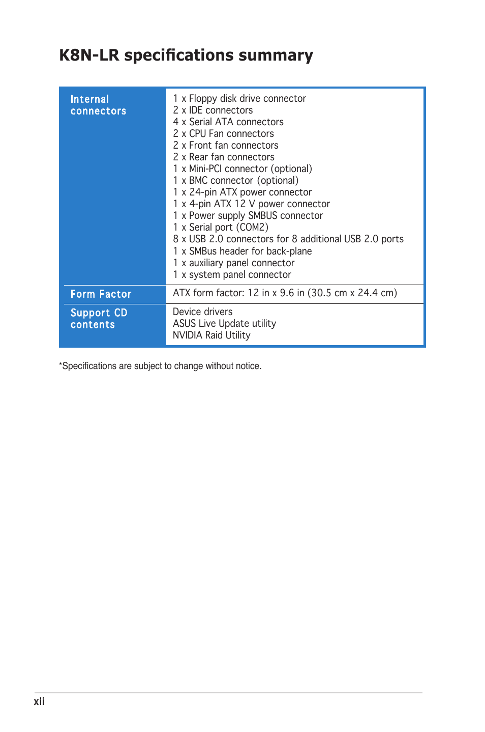 K8n-lr speciﬁcations summary | Asus K8N-LR User Manual | Page 12 / 120