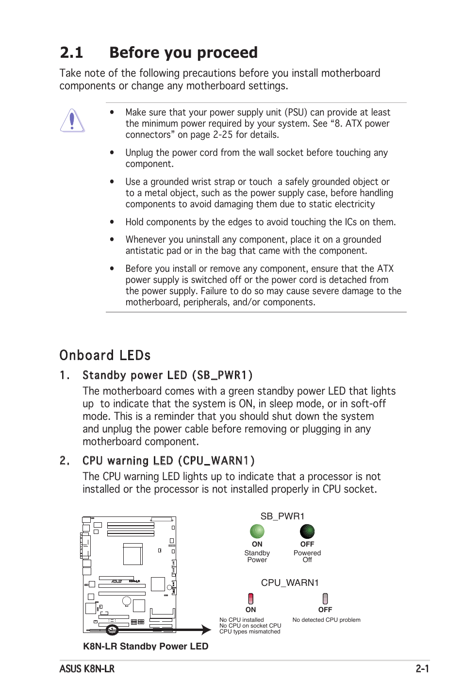 1 before you proceed, Onboard leds | Asus K8N-LR User Manual | Page 21 / 120