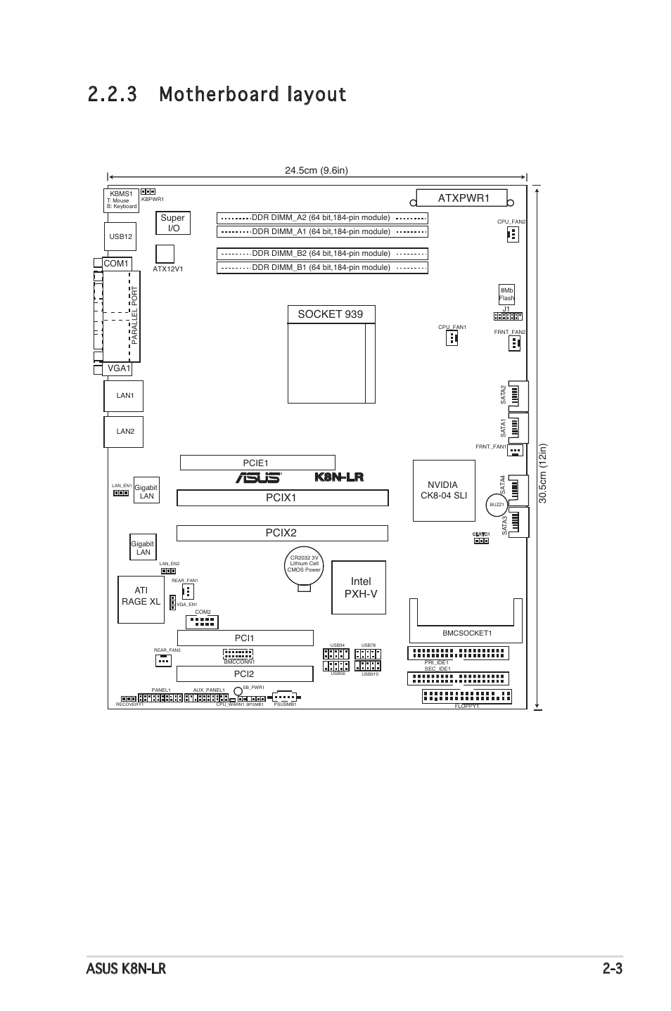 3 motherboard layout, Asus k8n-lr 2-3, Socket 939 | Intel pxh-v, Pcix1 pcix2, Atxpwr1, K8n-lr | Asus K8N-LR User Manual | Page 23 / 120