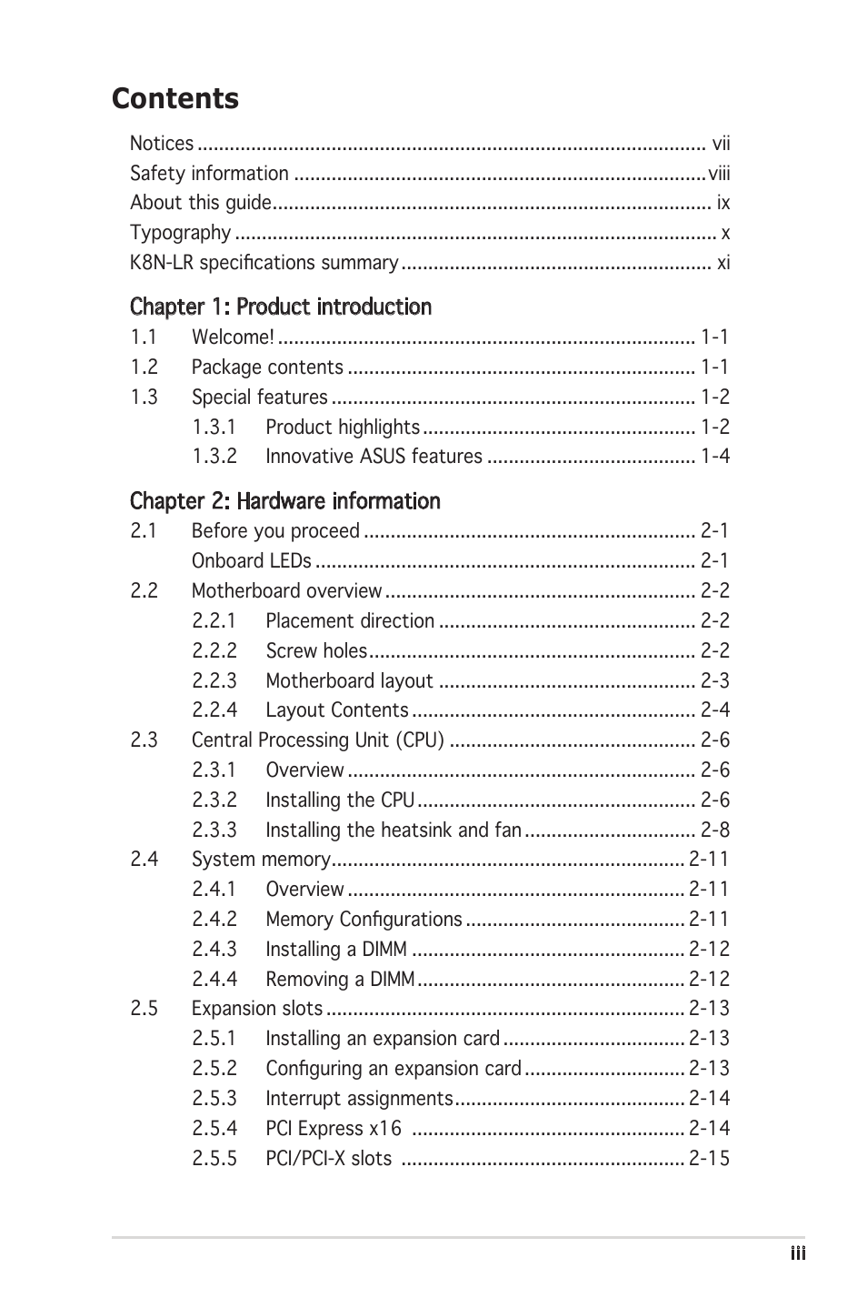 Asus K8N-LR User Manual | Page 3 / 120