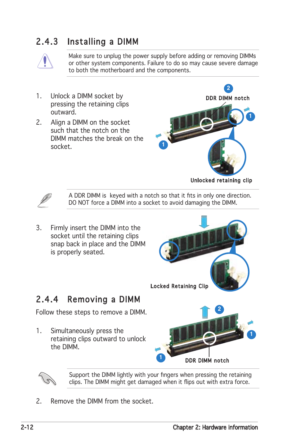 4 removing a dimm, 3 installing a dimm | Asus K8N-LR User Manual | Page 32 / 120
