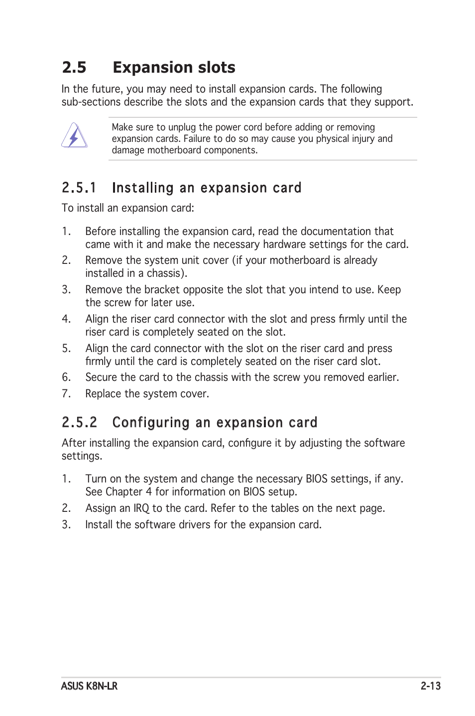 5 expansion slots, 1 installing an expansion card, 2 configuring an expansion card | Asus K8N-LR User Manual | Page 33 / 120