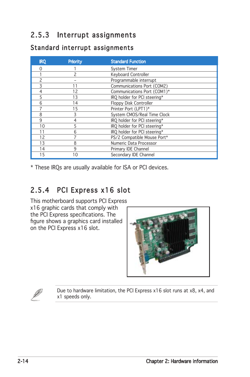 3 interrupt assignments, 4 pci express x16 slot, Standard interrupt assignments | Asus K8N-LR User Manual | Page 34 / 120