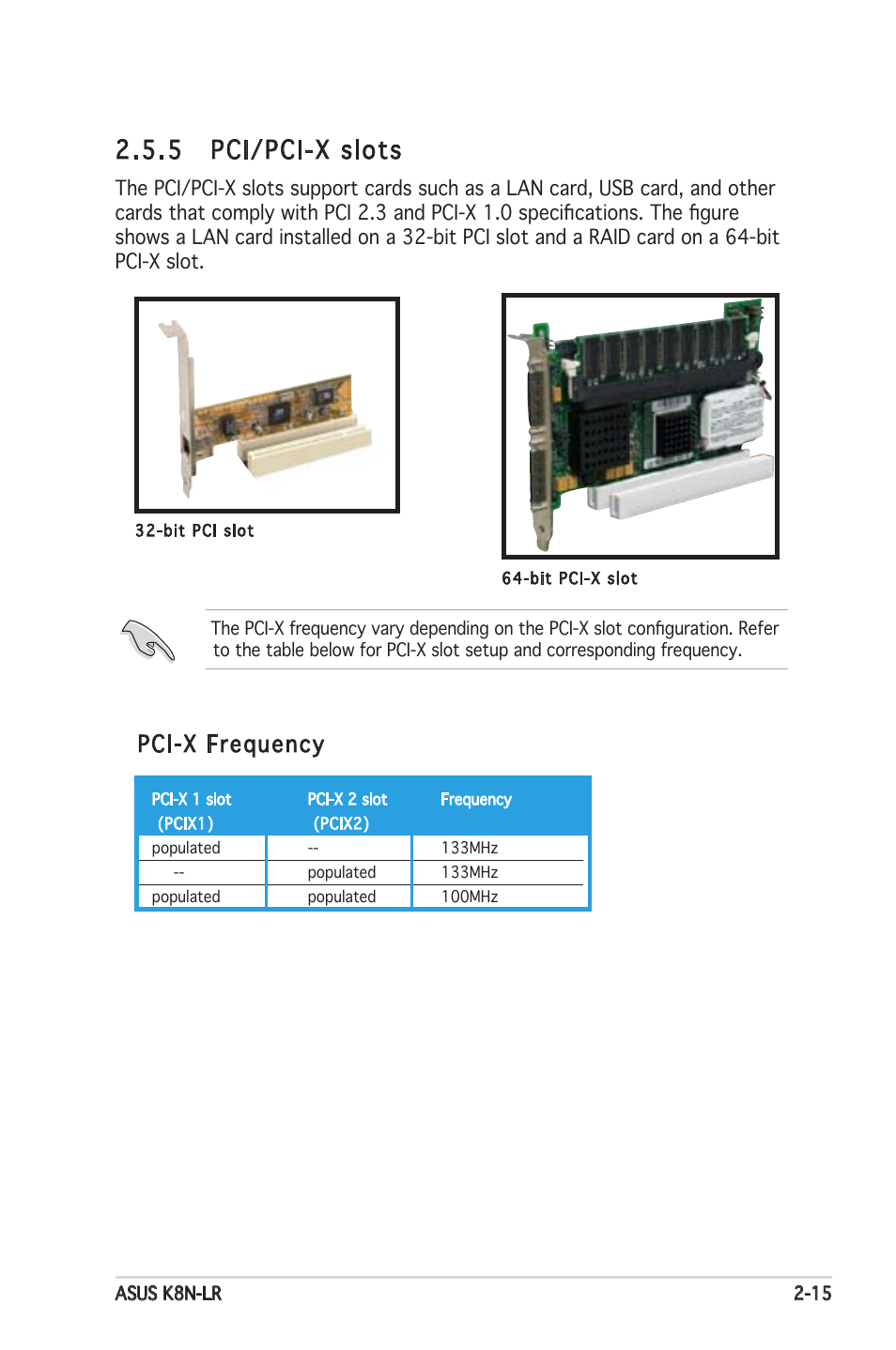 5 pci/pci-x slots, Pci-x frequency | Asus K8N-LR User Manual | Page 35 / 120