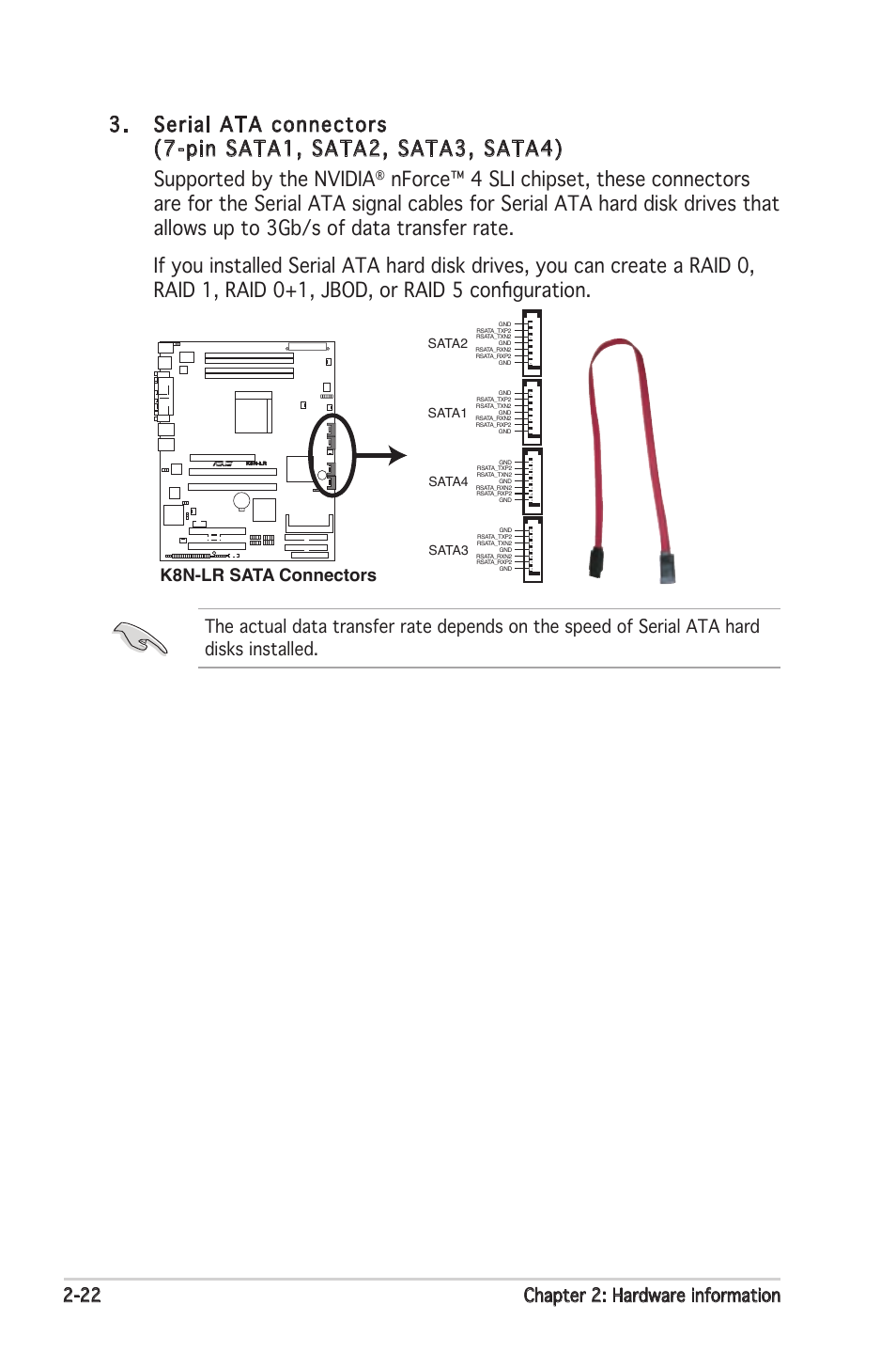 22 chapter 2: hardware information, K8n-lr sata connectors | Asus K8N-LR User Manual | Page 42 / 120