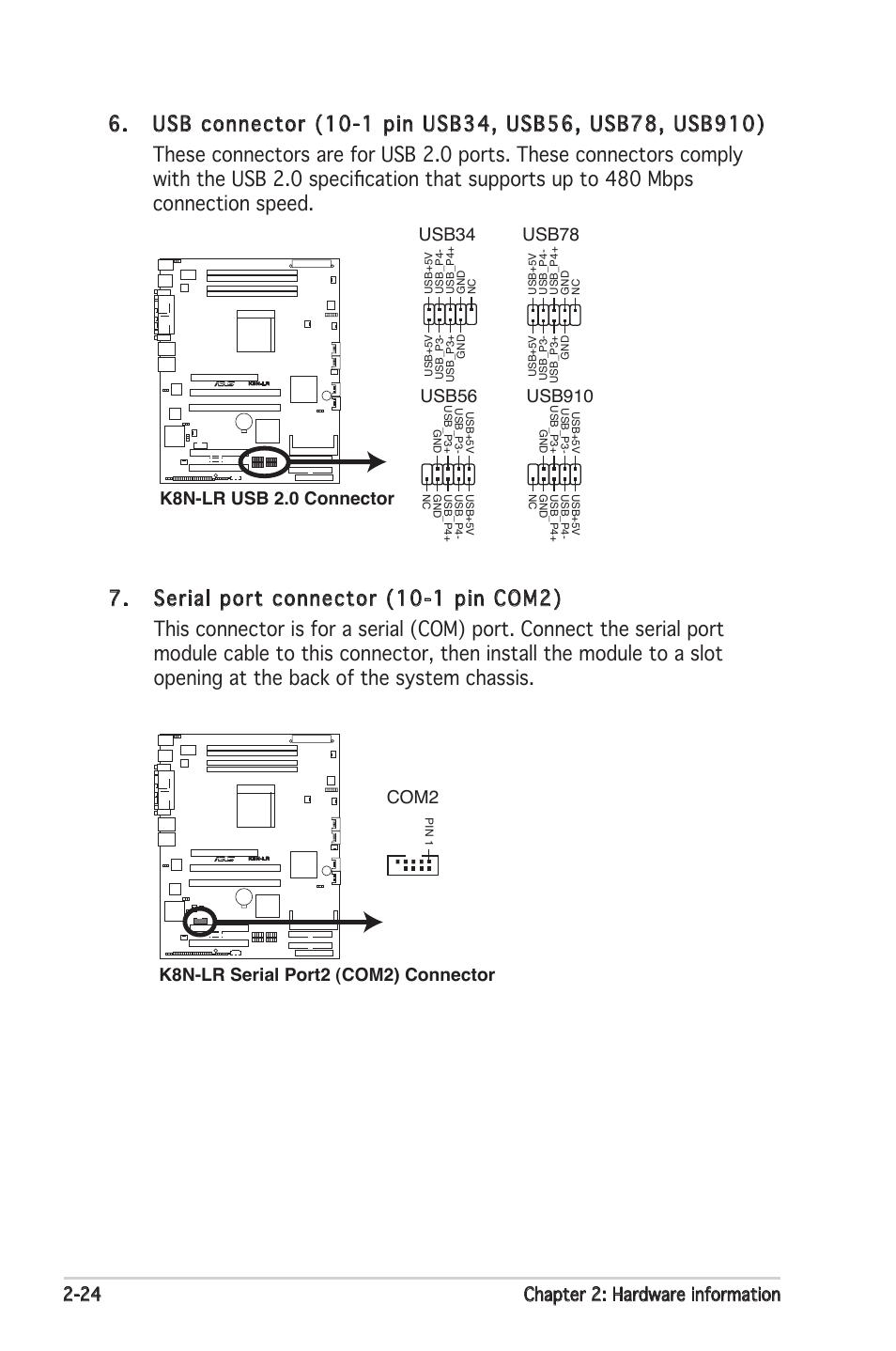 24 chapter 2: hardware information, Usb78, Usb56 | Usb910, K8n-lr serial port2 (com2) connector, Com2 | Asus K8N-LR User Manual | Page 44 / 120