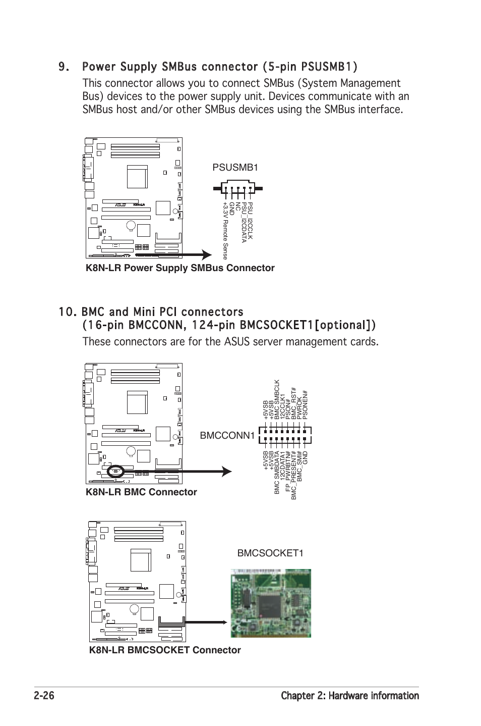 26 chapter 2: hardware information, K8n-lr power supply smbus connector psusmb1, K8n-lr bmc connector bmcconn1 | K8n-lr bmcsocket connector bmcsocket1 | Asus K8N-LR User Manual | Page 46 / 120