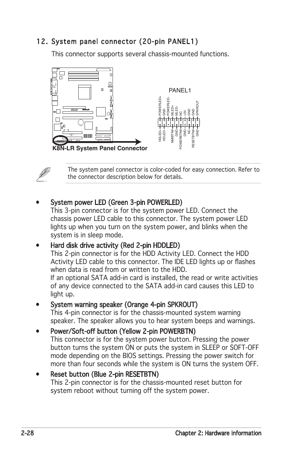 28 chapter 2: hardware information, K8n-lr system panel connector panel1 | Asus K8N-LR User Manual | Page 48 / 120