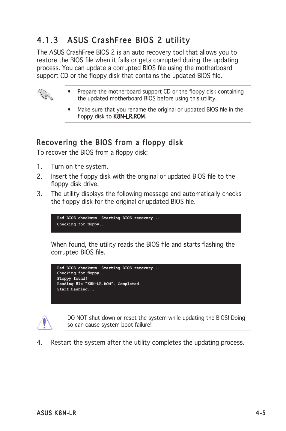 3 asus crashfree bios 2 utility, Recovering the bios from a floppy disk | Asus K8N-LR User Manual | Page 59 / 120
