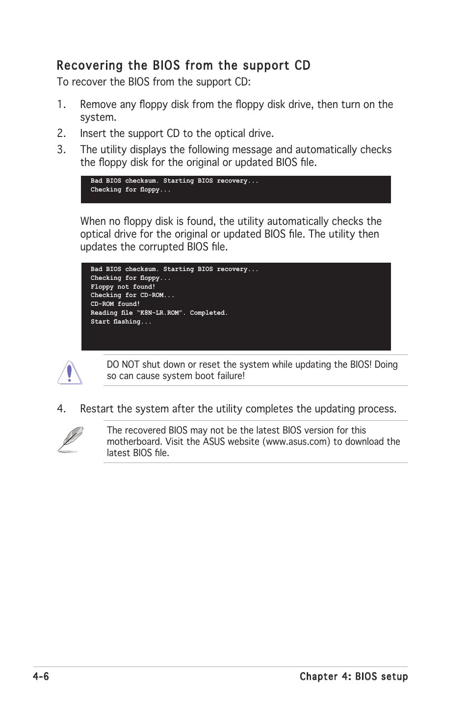 Recovering the bios from the support cd | Asus K8N-LR User Manual | Page 60 / 120