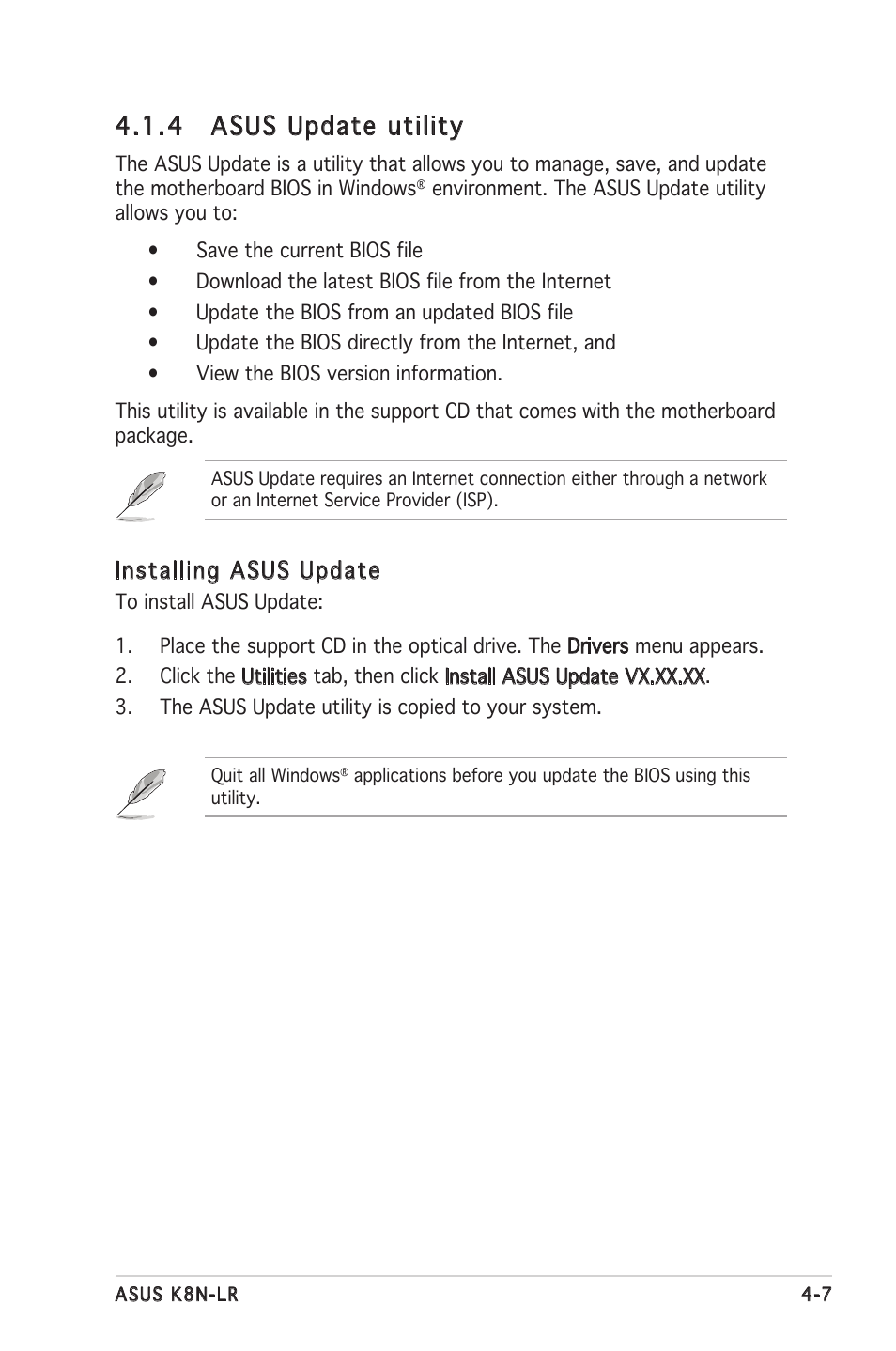 4 asus update utility, Installing asus update | Asus K8N-LR User Manual | Page 61 / 120