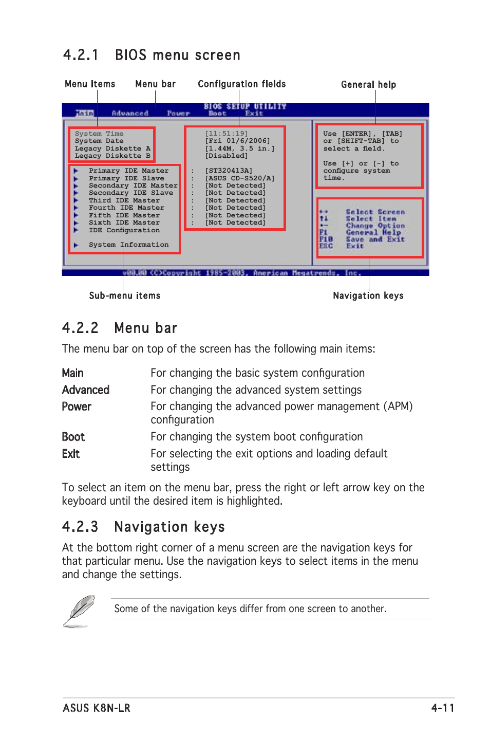 2 menu bar, 3 navigation keys, 1 bios menu screen | Asus K8N-LR User Manual | Page 65 / 120