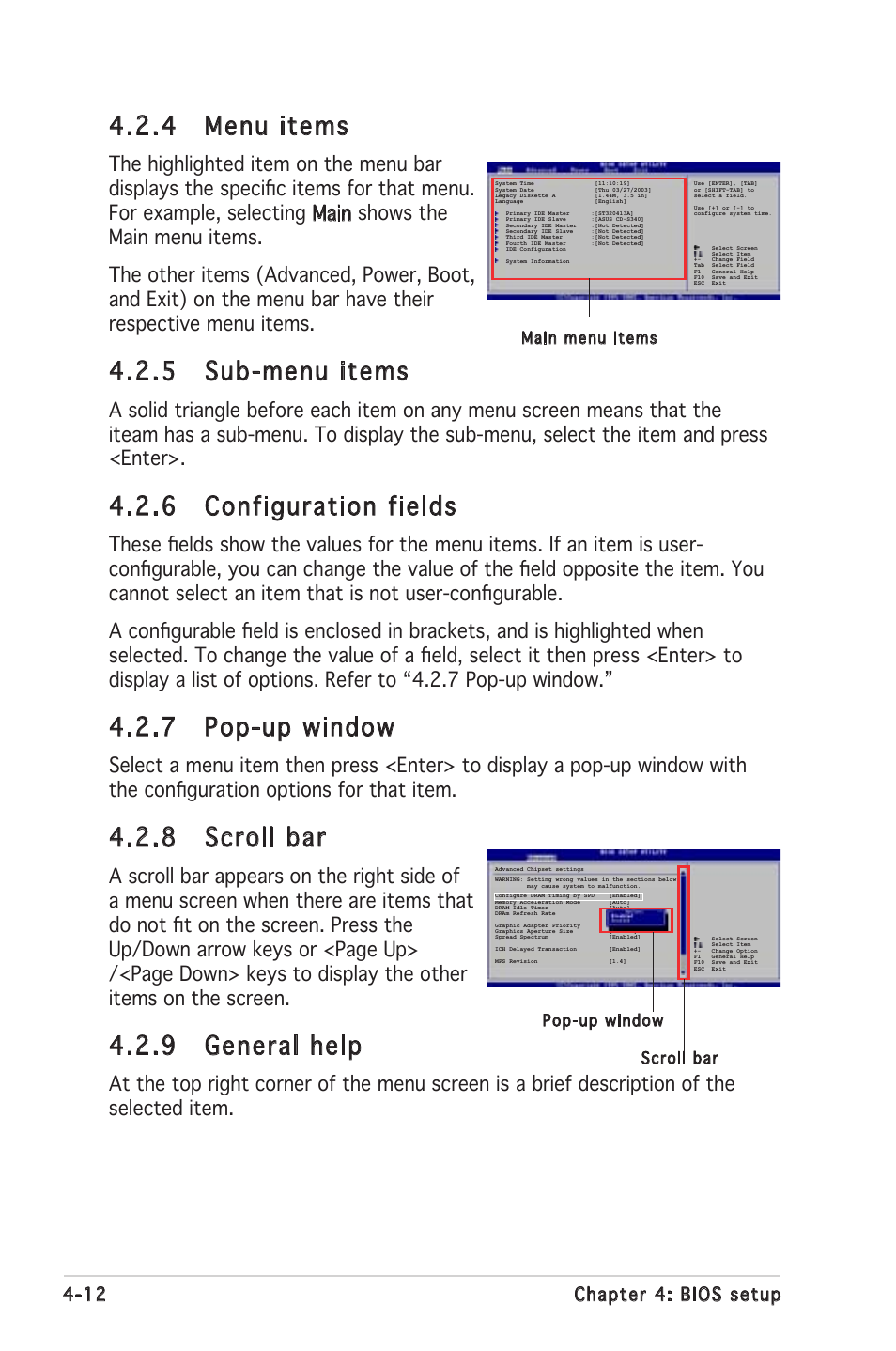 4 menu items, 5 sub-menu items, 6 configuration fields | 7 pop-up window, 8 scroll bar, 9 general help, 12 chapter 4: bios setup | Asus K8N-LR User Manual | Page 66 / 120