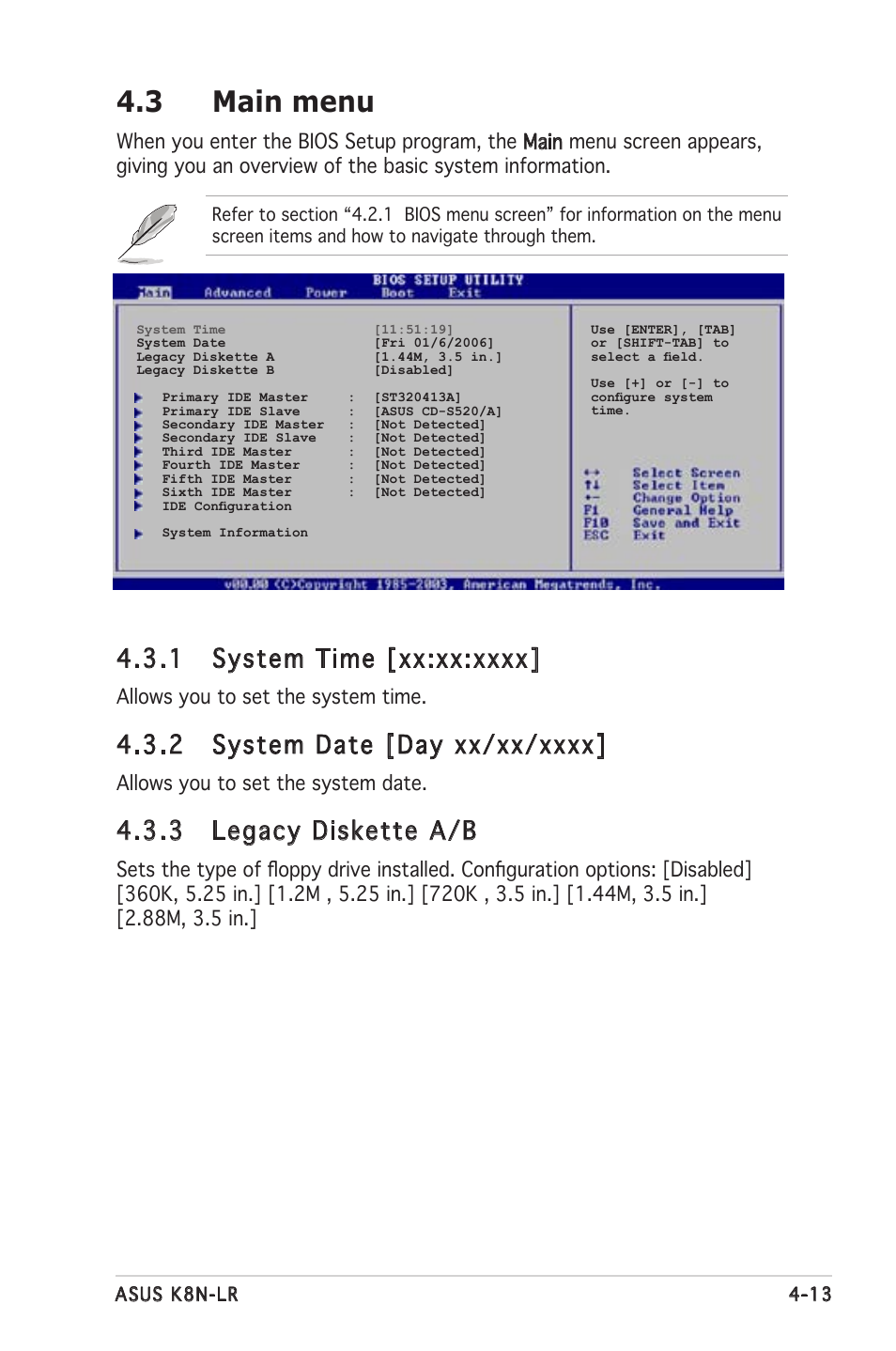 3 main menu, 3 legacy diskette a/b, Allows you to set the system time | Allows you to set the system date | Asus K8N-LR User Manual | Page 67 / 120