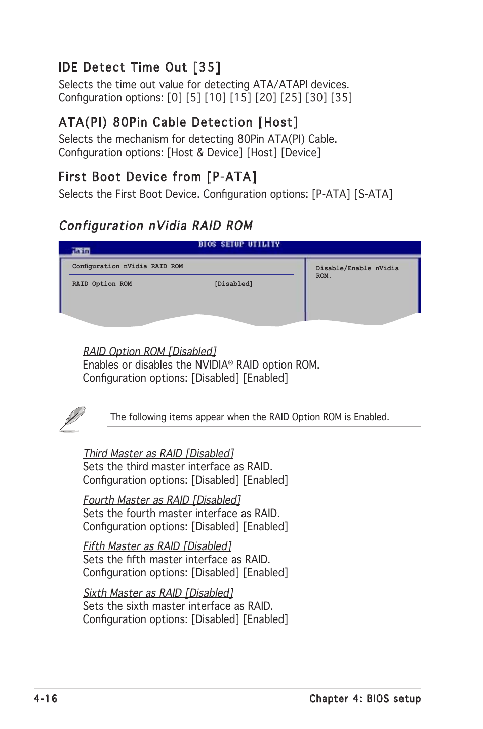 Ide detect time out [35, Ata(pi) 80pin cable detection [host, First boot device from [p-ata | Configuration nvidia raid rom | Asus K8N-LR User Manual | Page 70 / 120