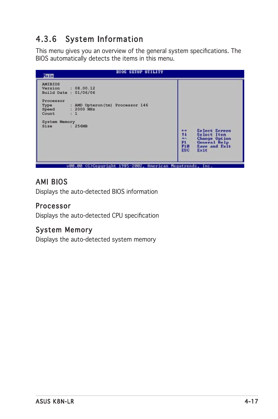 6 system information, Ami bios, Processor | Asus K8N-LR User Manual | Page 71 / 120