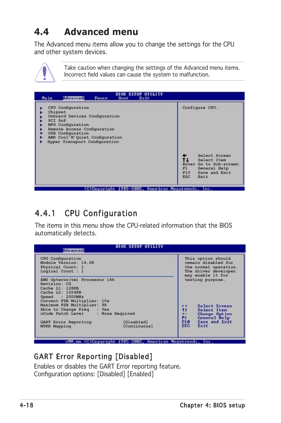 4 advanced menu, 1 cpu configuration, Gart error reporting [disabled | Asus K8N-LR User Manual | Page 72 / 120