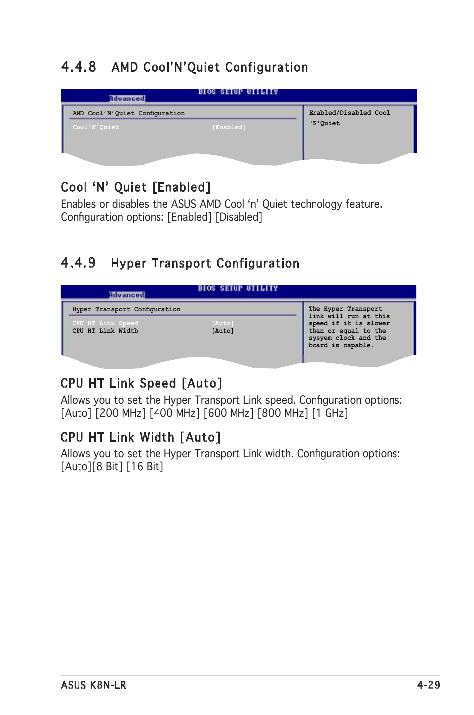 Amd coolʼnʼquiet configuration, Cool ʻnʼ quiet [enabled, Hyper transport configuration | Cpu ht link speed [auto, Cpu ht link width [auto | Asus K8N-LR User Manual | Page 83 / 120