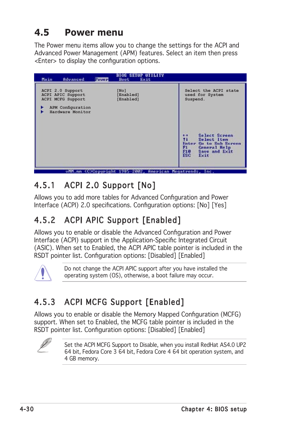 5 power menu, 1 acpi 2.0 support [no, 2 acpi apic support [enabled | 3 acpi mcfg support [enabled | Asus K8N-LR User Manual | Page 84 / 120