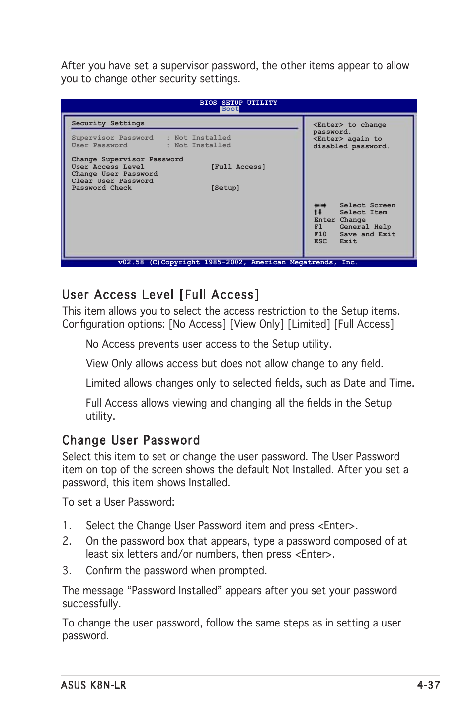 User access level [full access, Change user password | Asus K8N-LR User Manual | Page 91 / 120