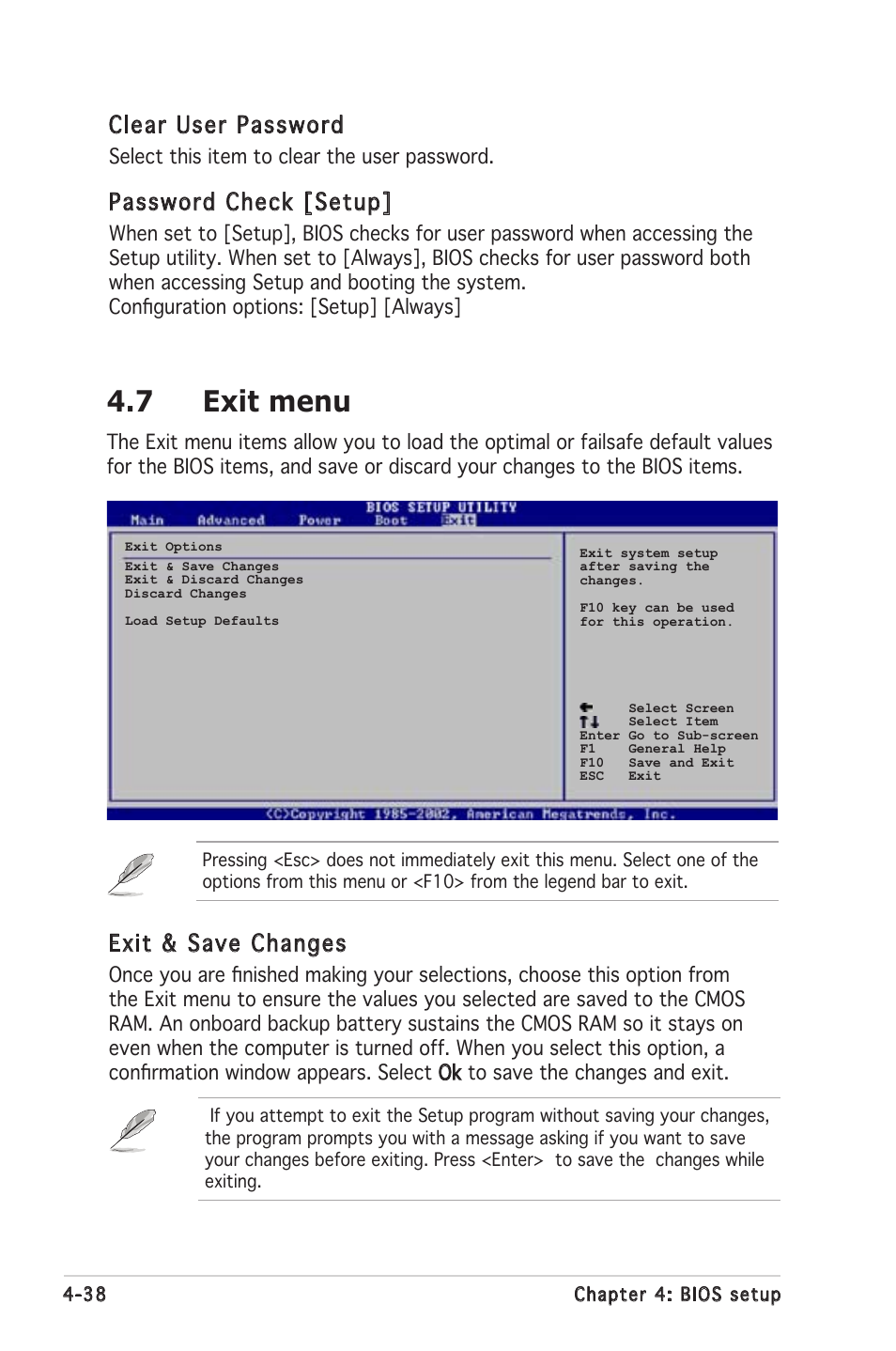 7 exit menu, Clear user password, Password check [setup | Exit & save changes | Asus K8N-LR User Manual | Page 92 / 120