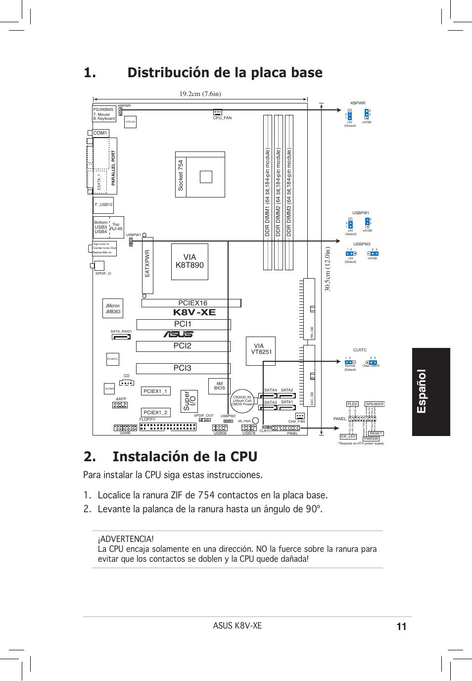 Español, K8v -xe, Asus k8v-xe | Pci2 pci3, Via k8t890, Pciex16, Su pe r i/o | Asus K8V-XE User Manual | Page 11 / 20