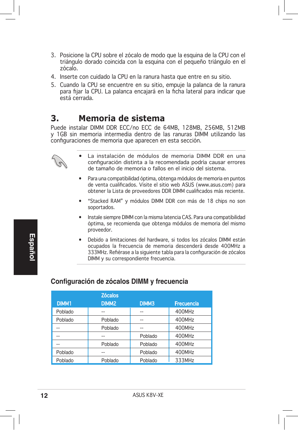 Español, Configuración de zócalos dimm y frecuencia | Asus K8V-XE User Manual | Page 12 / 20