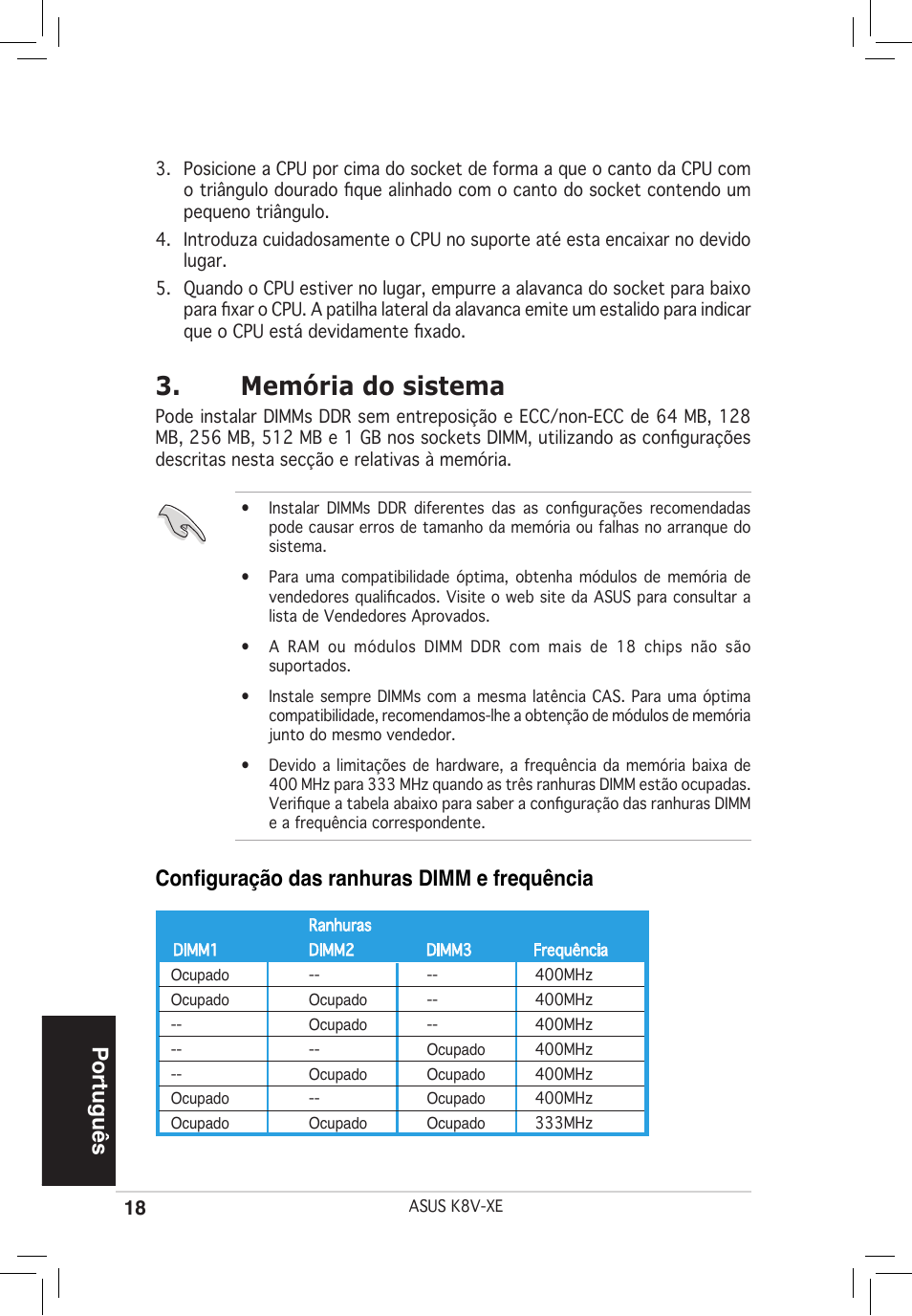 Memória do sistema, Português, Configuração das ranhuras dimm e frequência | Asus K8V-XE User Manual | Page 18 / 20